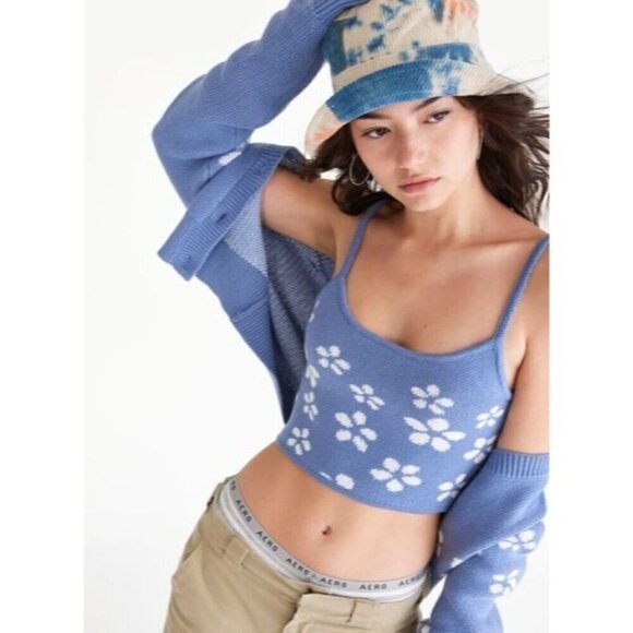 Aeropostale Daisy Cropped Top Knit Sweater Cami Womens Sz XL Purple Floral NEW - Picture 1 of 8